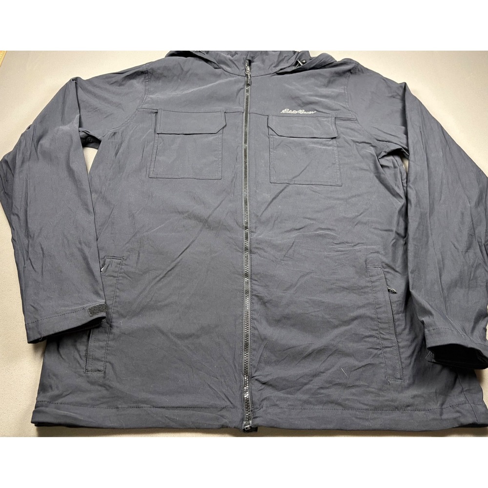 Eddie Bauer Mens Full Zip Hooded Windbreaker Jacket Black Large Pockets